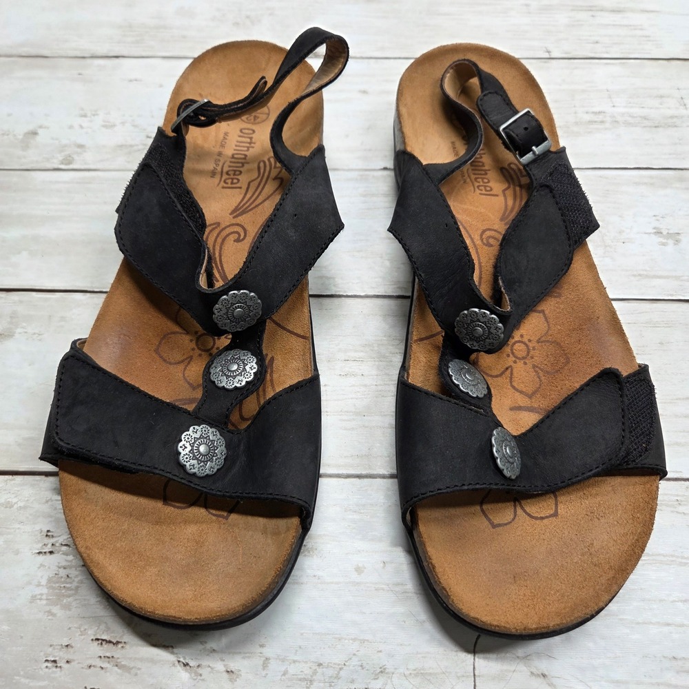 Orthaheel Leather Slingback Sandals Women 11 Black Floral Medallion Cork